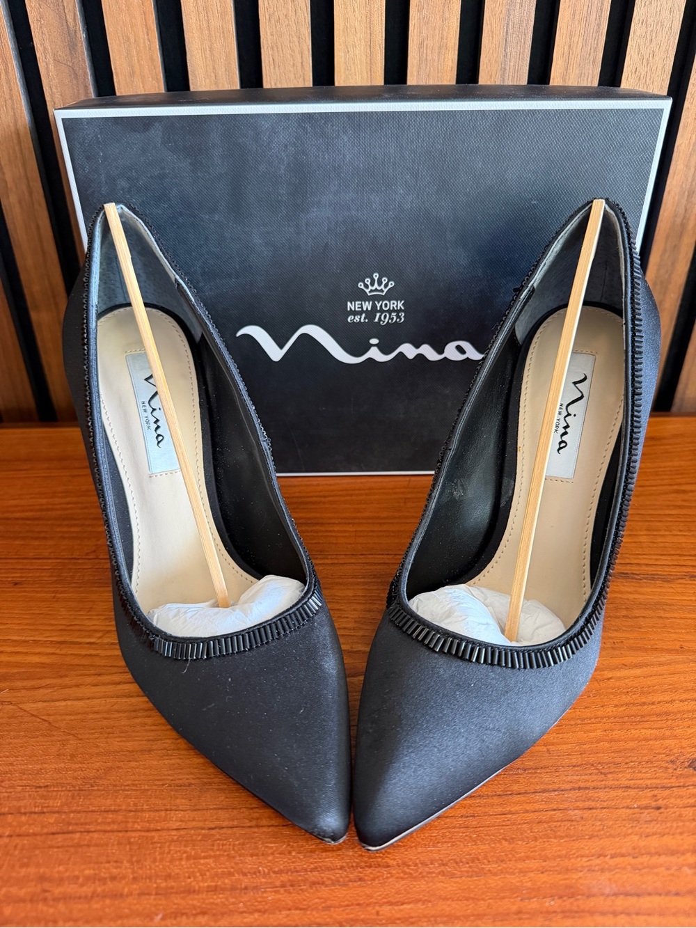 Nina Black Satin Pointed Toe Beaded-Trim Pumps